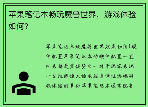 苹果笔记本畅玩魔兽世界，游戏体验如何？
