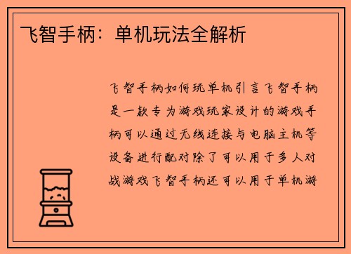 飞智手柄：单机玩法全解析